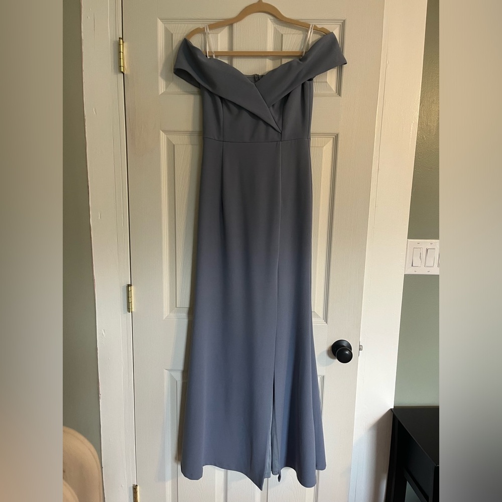 Lulu’s Blue-Grey Off the Shoulder Maxi Dress